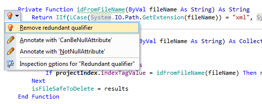 Code inspections and quick-fixes in VB.NET code