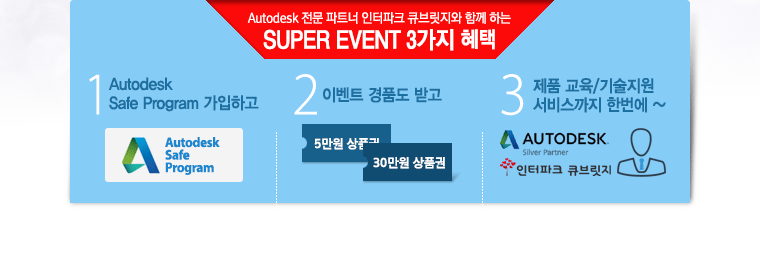 Autodesk 전문 파트너 인터파크 큐브릿지와 함께 하는 SUPER EVENT 3가지 혜택: 1. Autodesk Safe Program 가입하고 2.이벤트 
경품도 받고 3.제품 교육, 기술지원 서비스까지 한번에~