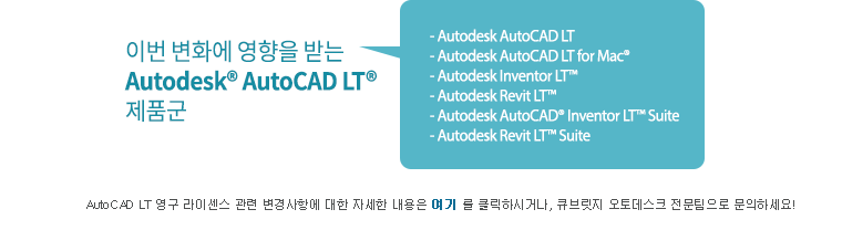 이번 변화에 영향을 받는 Autodesk®?AutoCAD LT®?제품군: Autodesk AutoCAD LT
Autodesk AutoCAD LT for Mac®,  Autodesk Inventor LT™, Autodesk Revit LT™, Autodesk AutoCAD® Inventor LT™ Suite, Autodesk Revit LT™ Suite     AutoCAD LT 영구 라이센스 관련 변경사항에 대한 자세한 내용은 여기 를 클릭하시거나,  큐브릿지 오토데스크 전문팀으로 문의하세요!